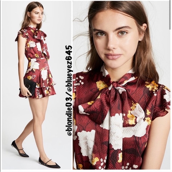 Alice + Olivia Lashay Ruffle Dress Size 4 Red Floral Mini Dres Bow Tie Neck Silk - Picture 6 of 17